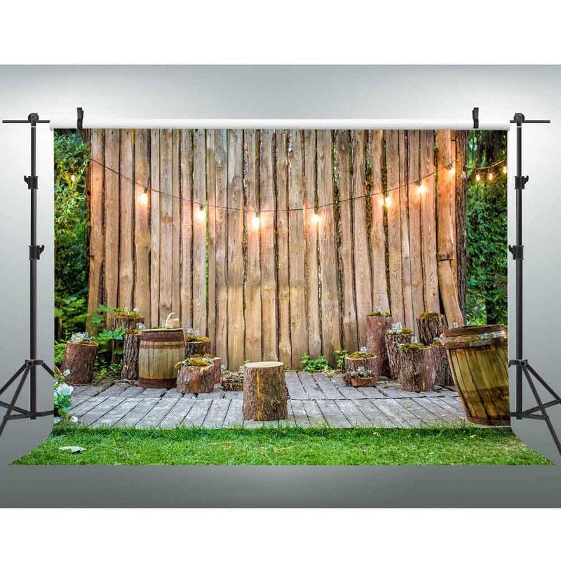 EOA 7(W) x5(H) FT Wooden Plank Lights Rustic Park Backdrop Green Plants Garden Picnic Leisure Photography Background - Great for Birthday, Studio, Booth, Party, Events, Portrait Use Props - Image 1